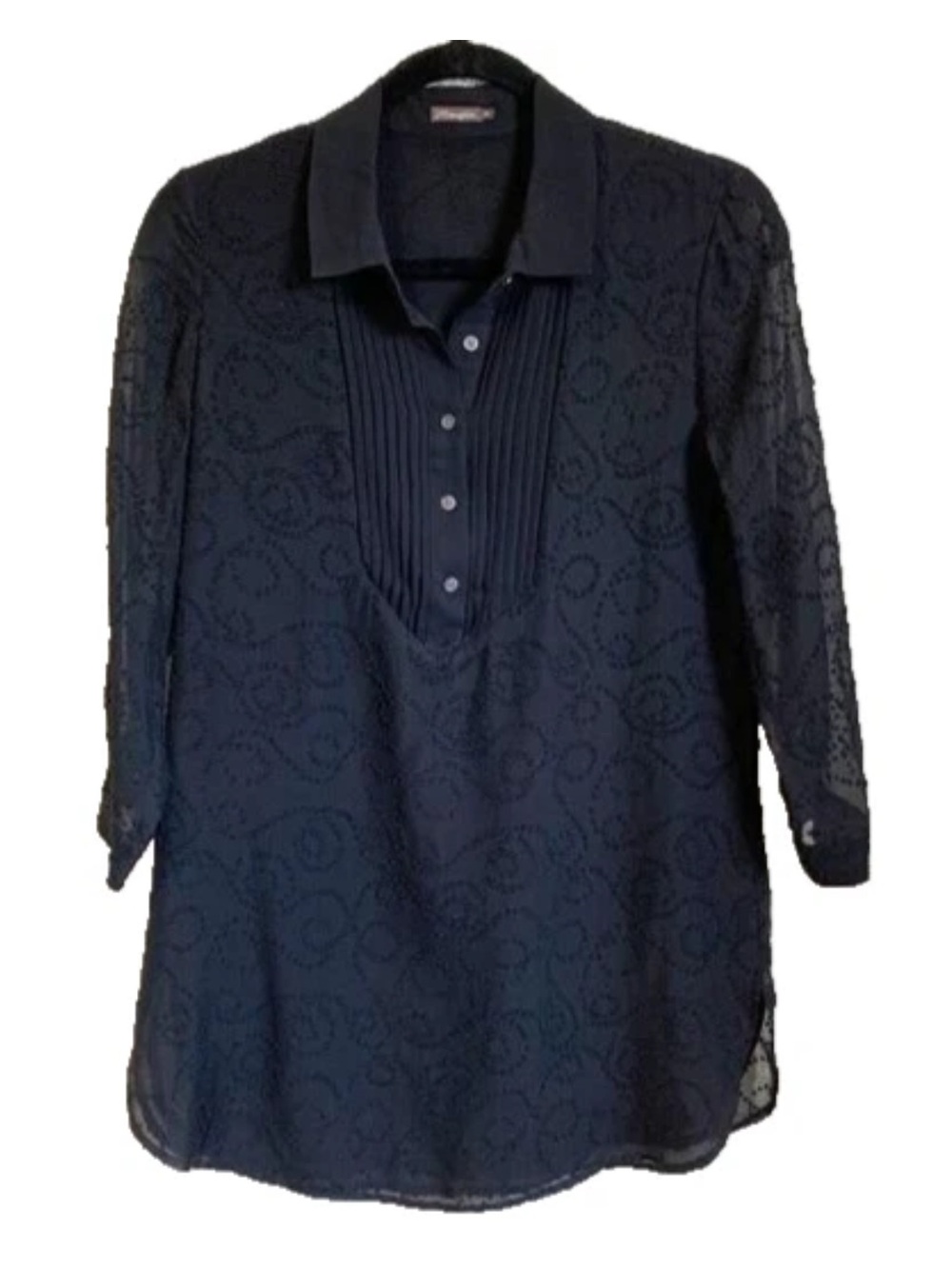 J. MCLAUGHLIN Black Swirl Swiss Dot Silk Top XS Sheer 3/4 Sleeves Quiet Luxury
